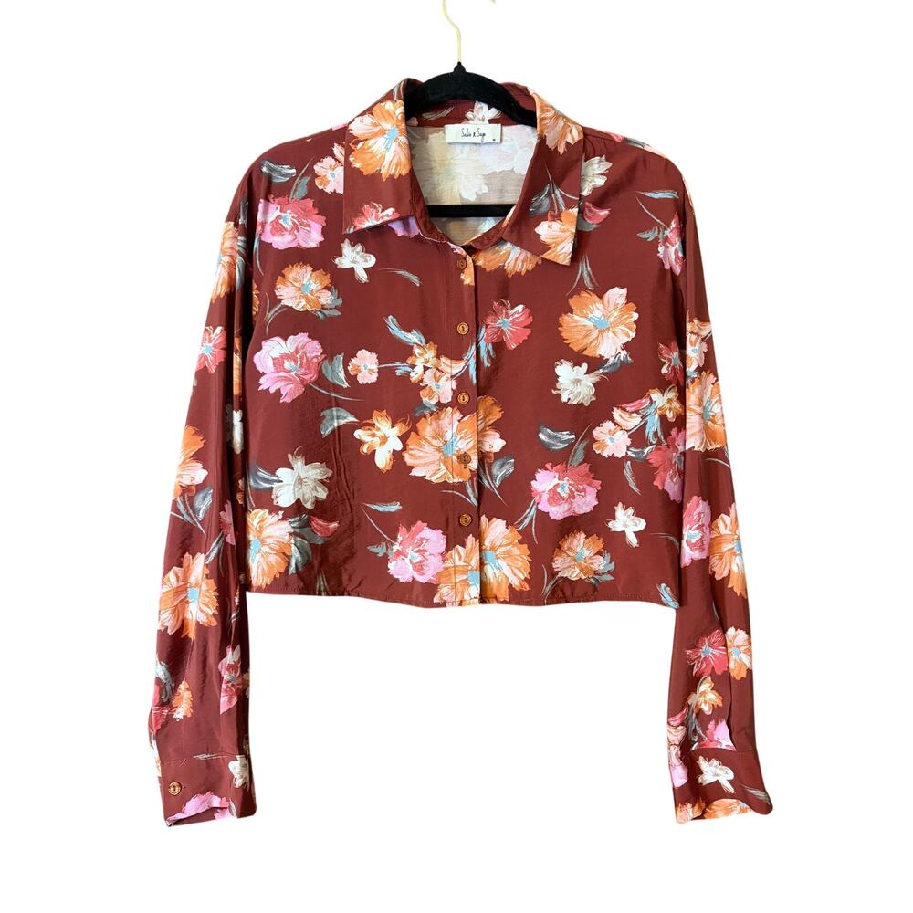 Sadie & Sage Rust Floral Cropped Button Down Shirt Rayon NWOT Medium M